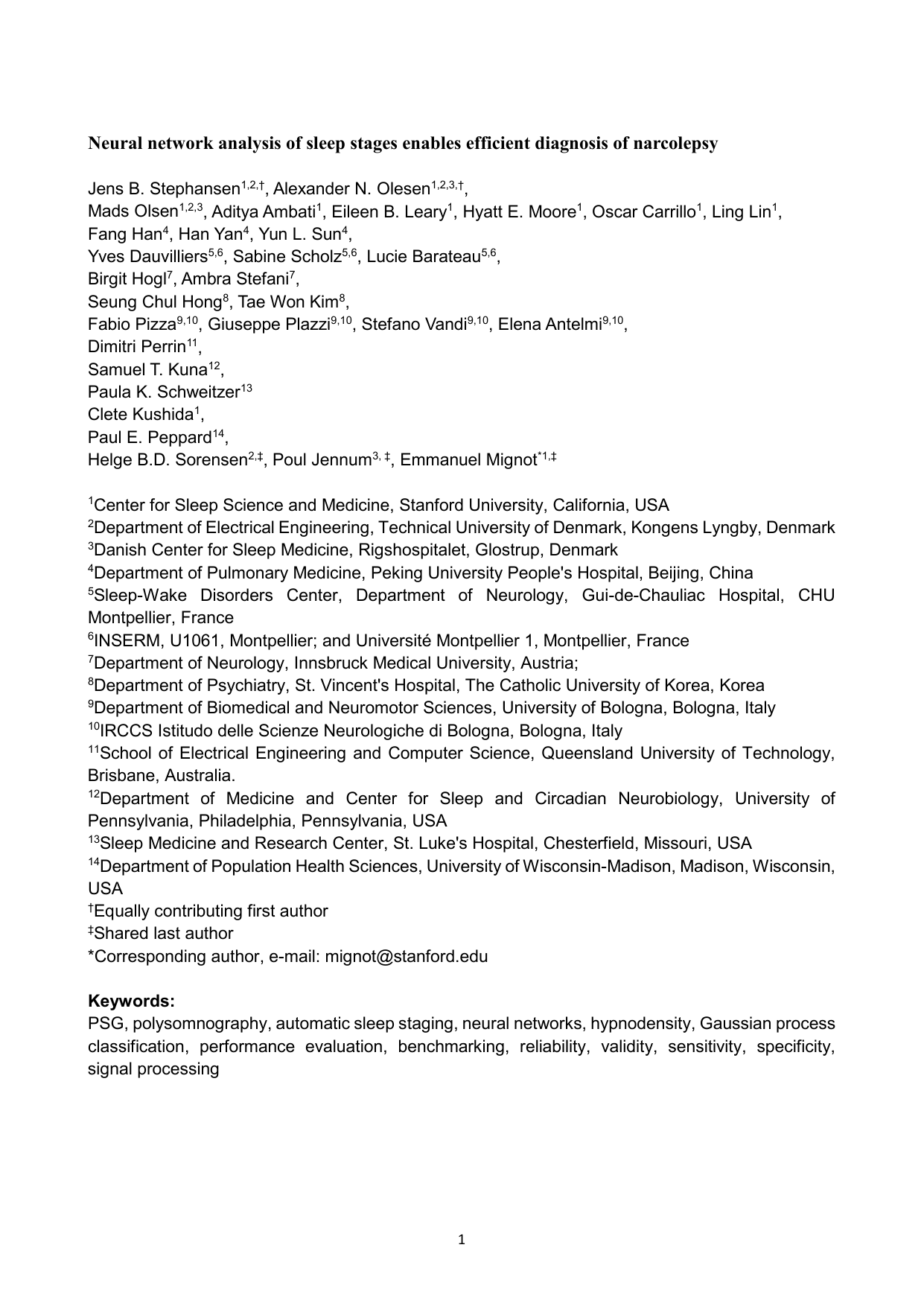 Neural network an1alysis of sleep stages enables efficient diagnosis of narcolepsy