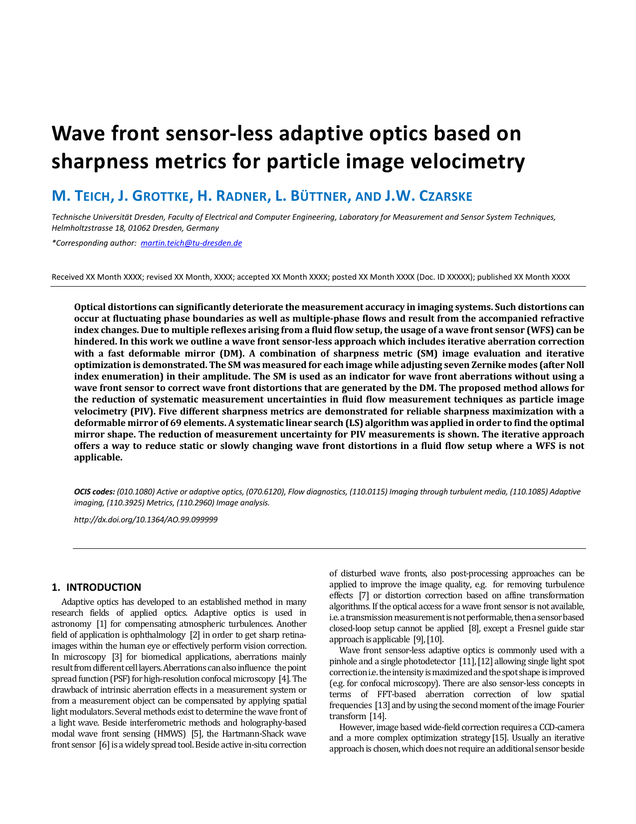Wave front sensor-less adaptive optics based on sharpness metrics for particle image velocimetry