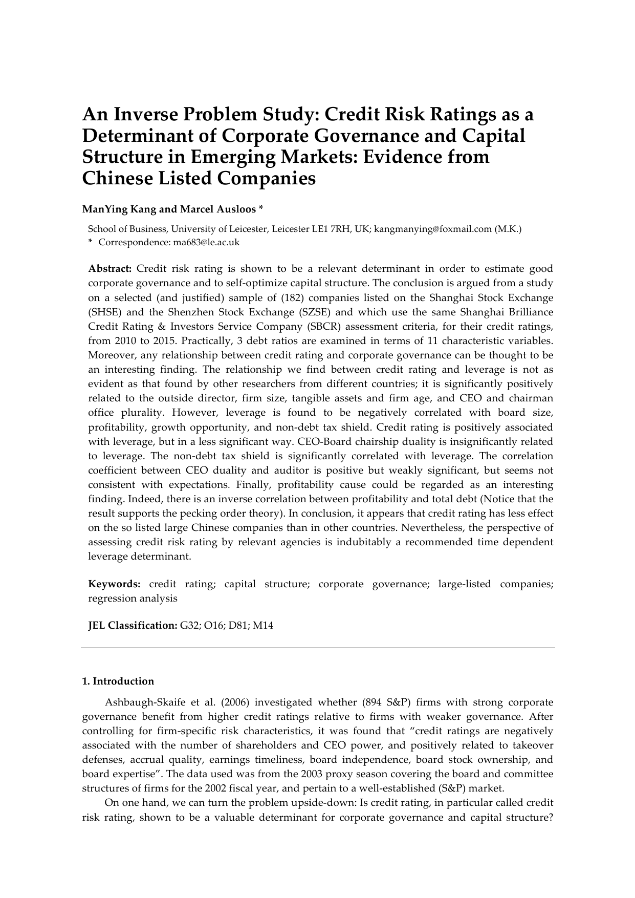 An Inverse Problem Study: Credit Risk Ratings as a Determinant of Corporate Governance and Capital Structure in Emerging Markets: Evidence from Chinese Listed Companies