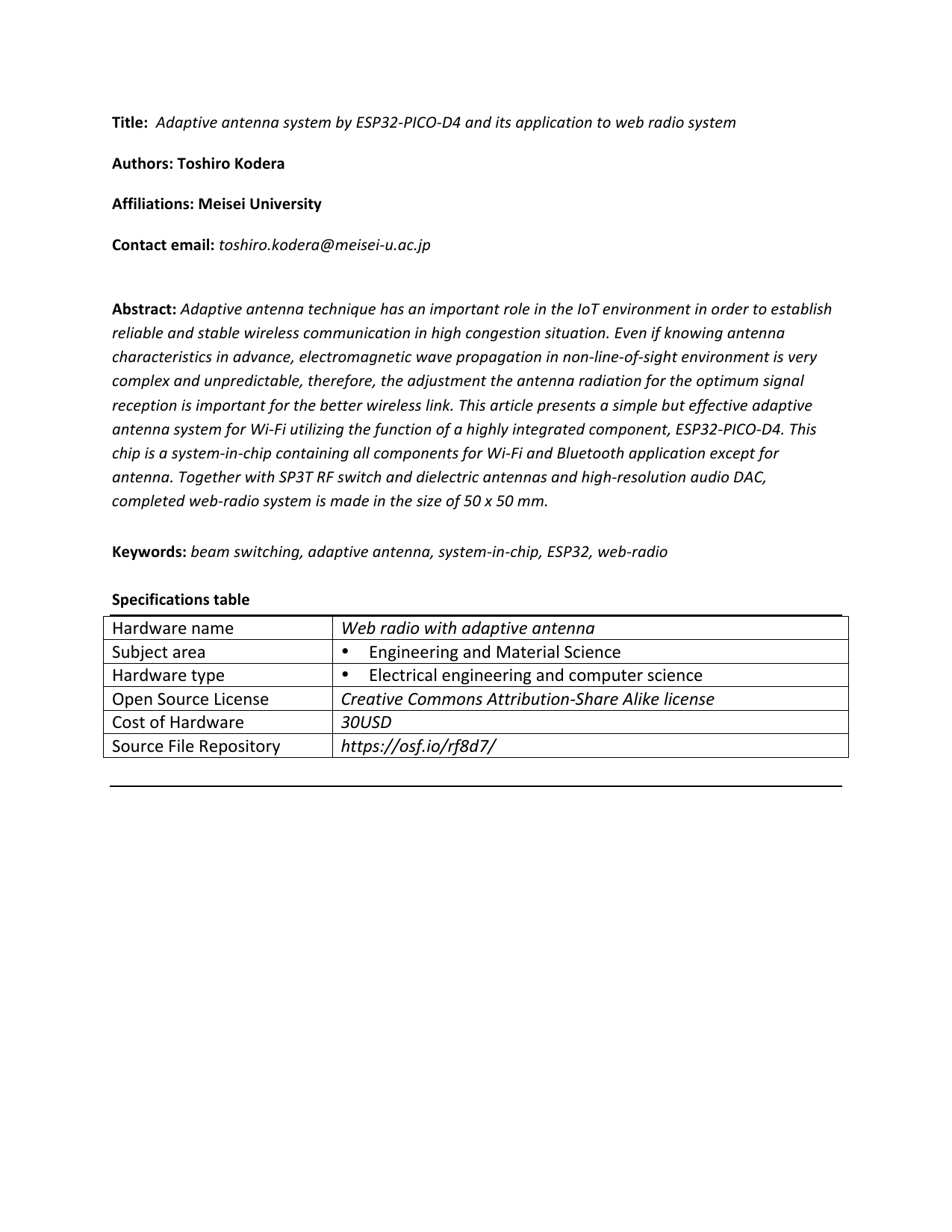 Adaptive antenna system by ESP32-PICO-D4 and its application to web radio system