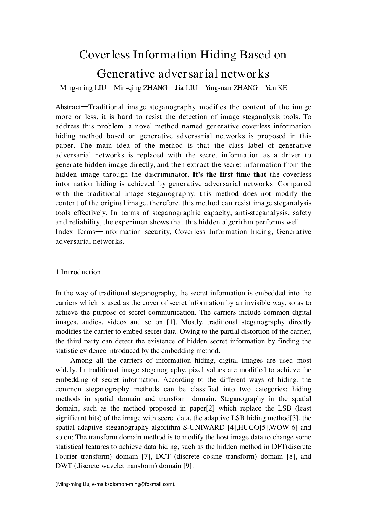 Coverless Information Hiding Based on Generative adversarial networks