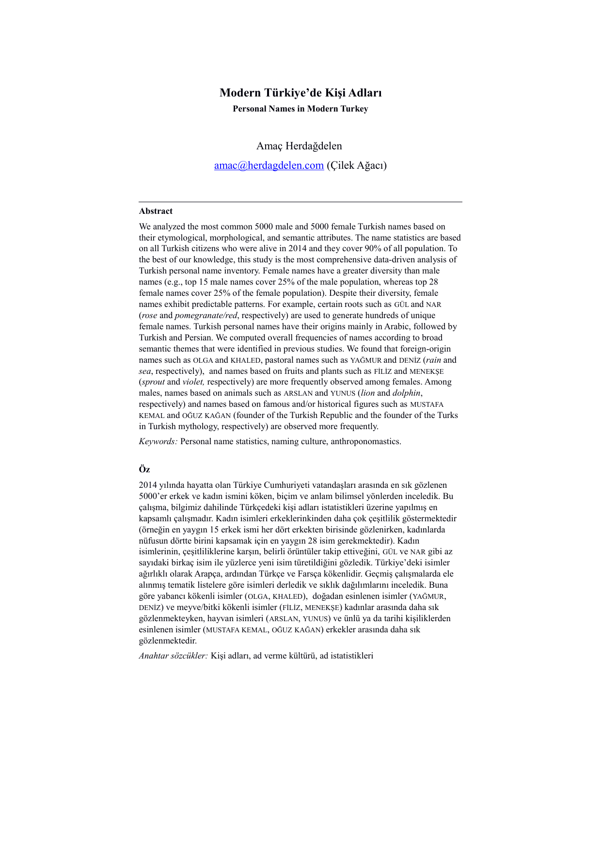 Personal Names in Modern Turkey