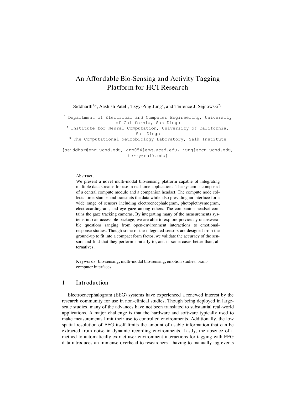 An Affordable Bio-Sensing and Activity Tagging Platform for HCI Research