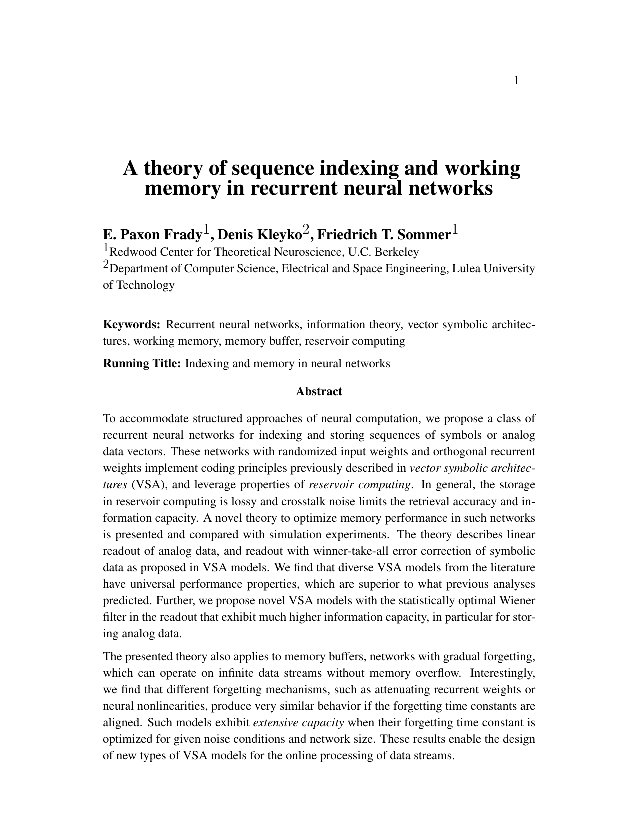 A theory of sequence indexing and working memory in recurrent neural networks