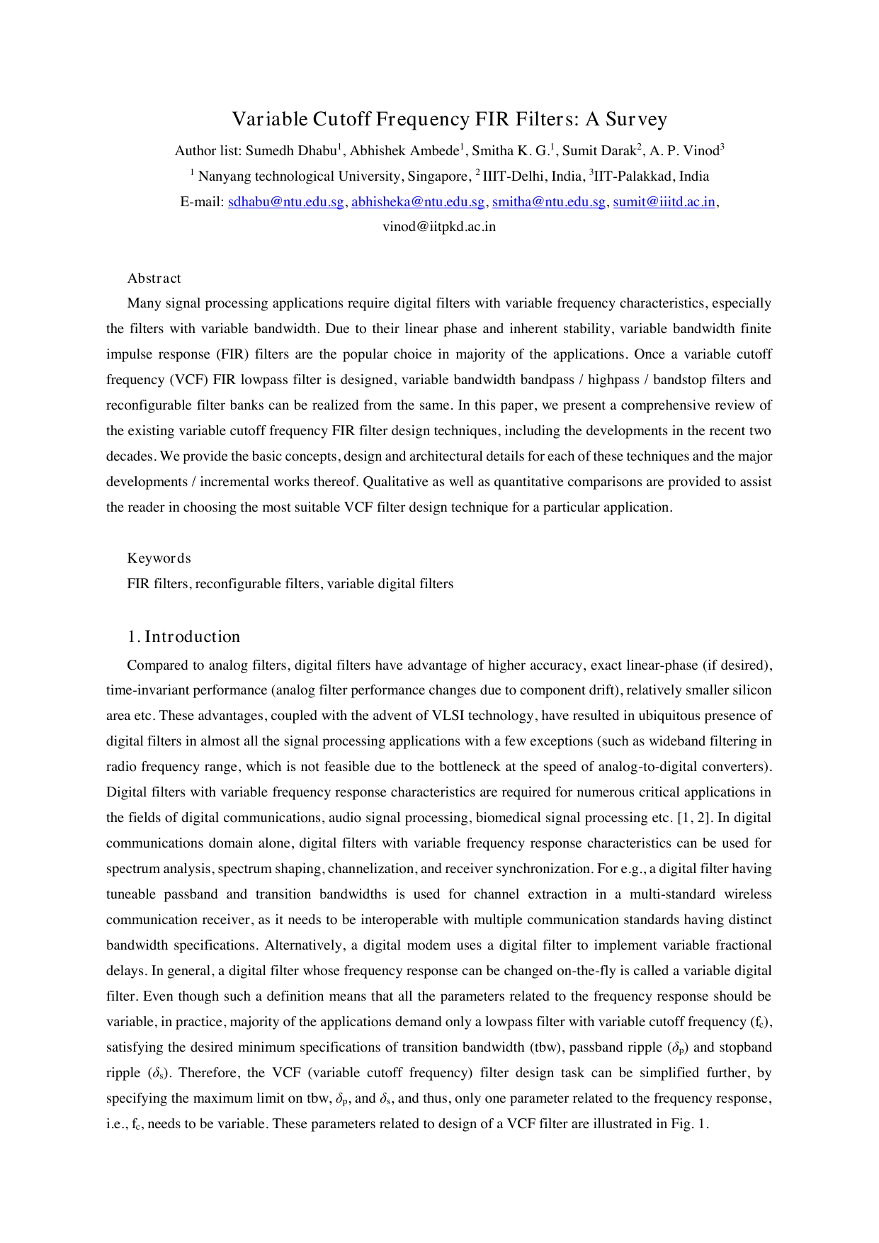 Variable Cutoff Frequency FIR Filters: A Survey