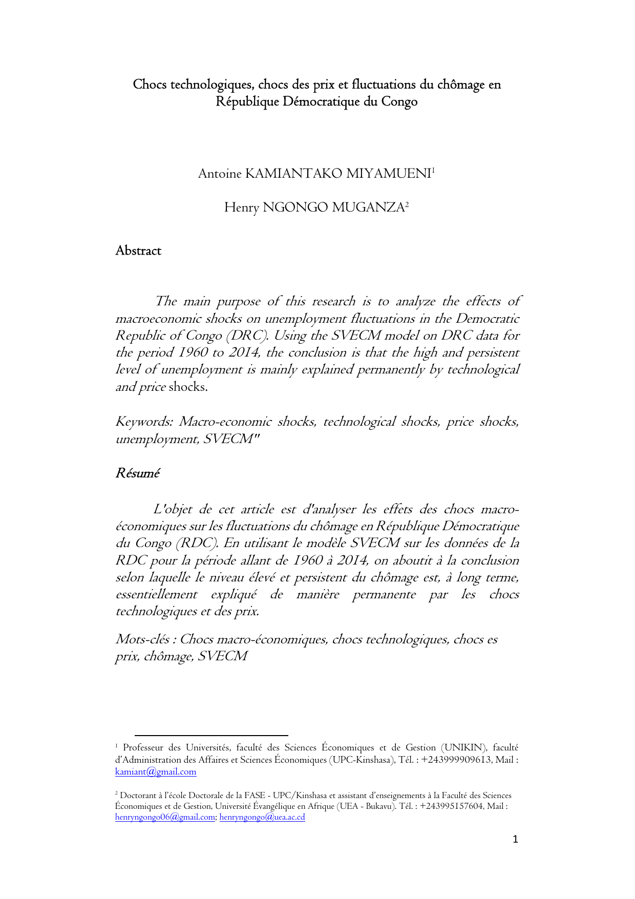 Chocs technologiques, chocs des prix et fluctuations du ch^omage en Republique Democratique du Congo