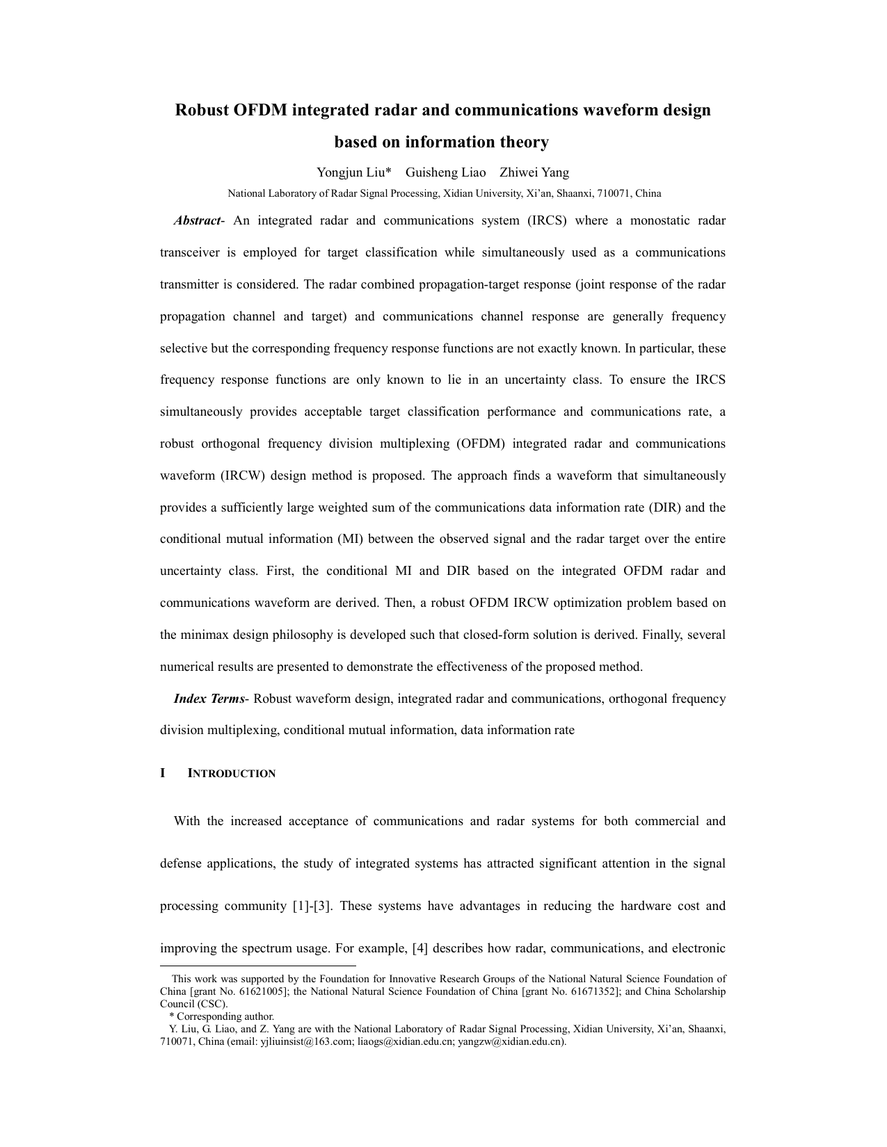Robust OFDM integrated radar and communications waveform design based on information theory