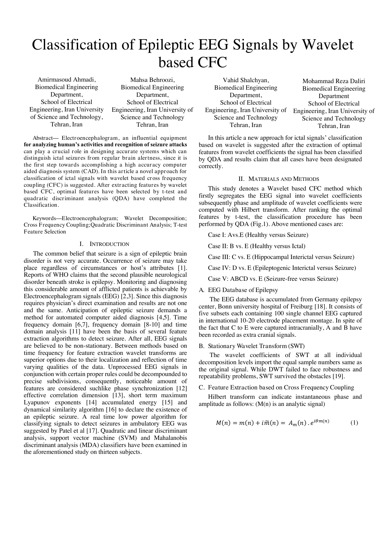 Classification of Epileptic EEG Signals by Wavelet based CFC