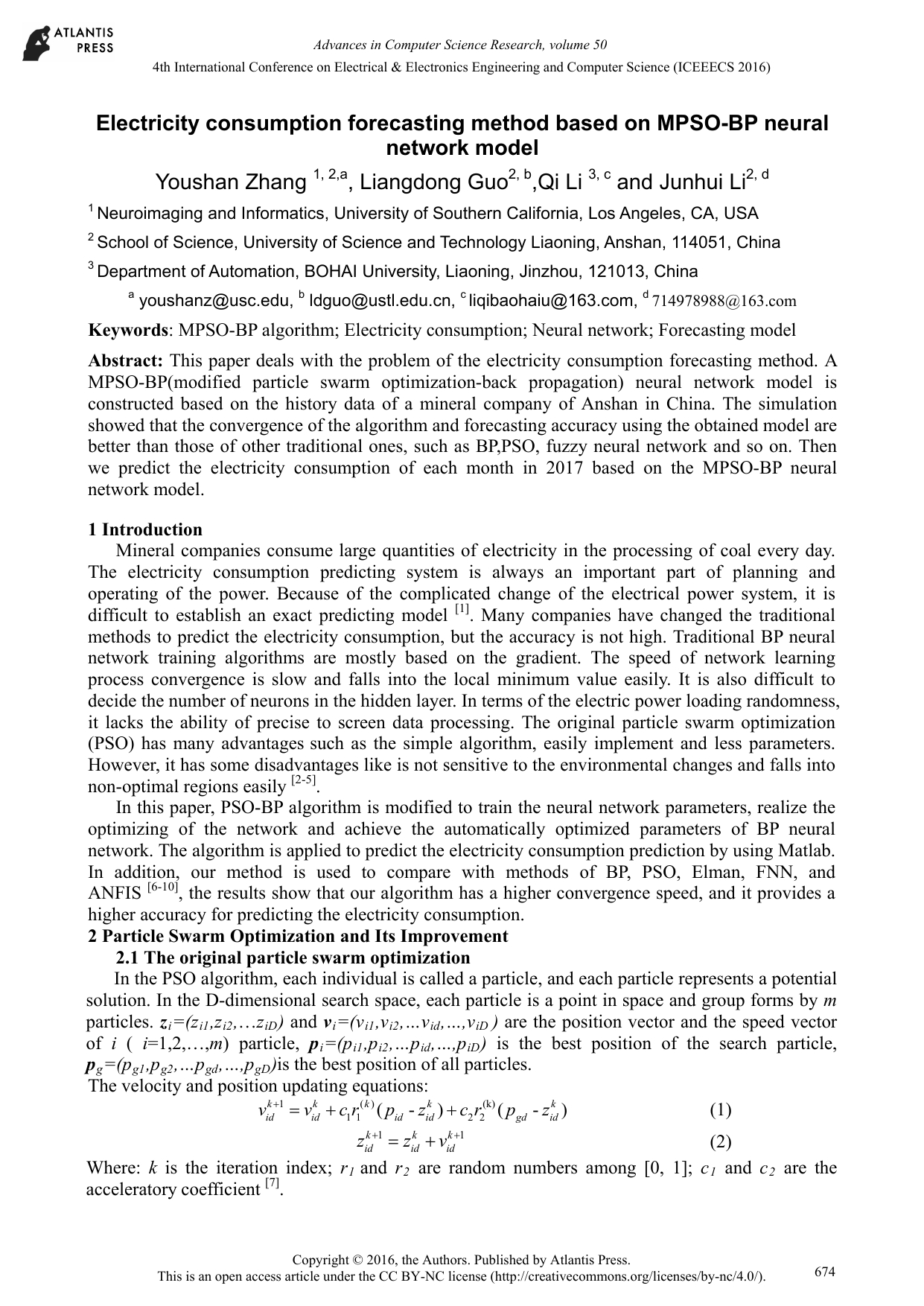 Electricity consumption forecasting method based on MPSO-BP neural   network model