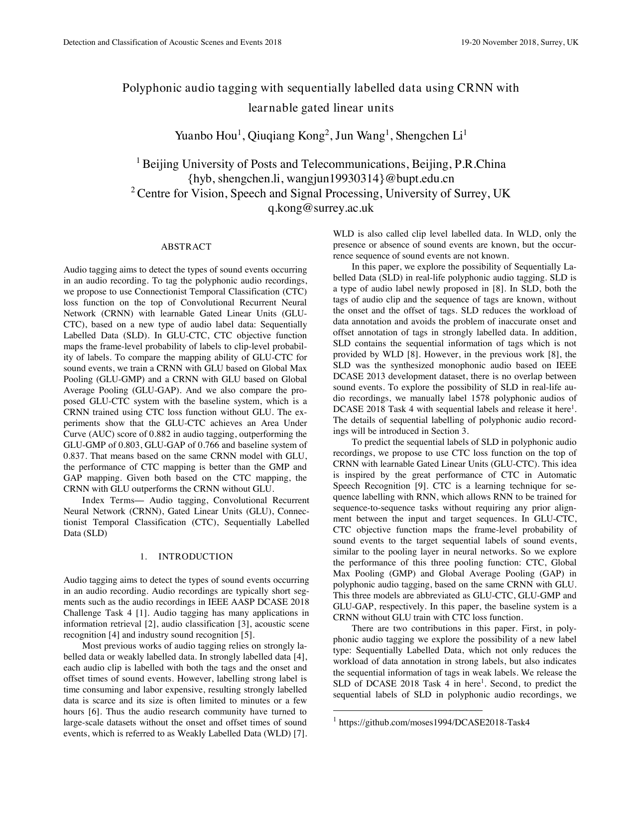 Polyphonic audio tagging with sequentially labelled data using CRNN with   learnable gated linear units