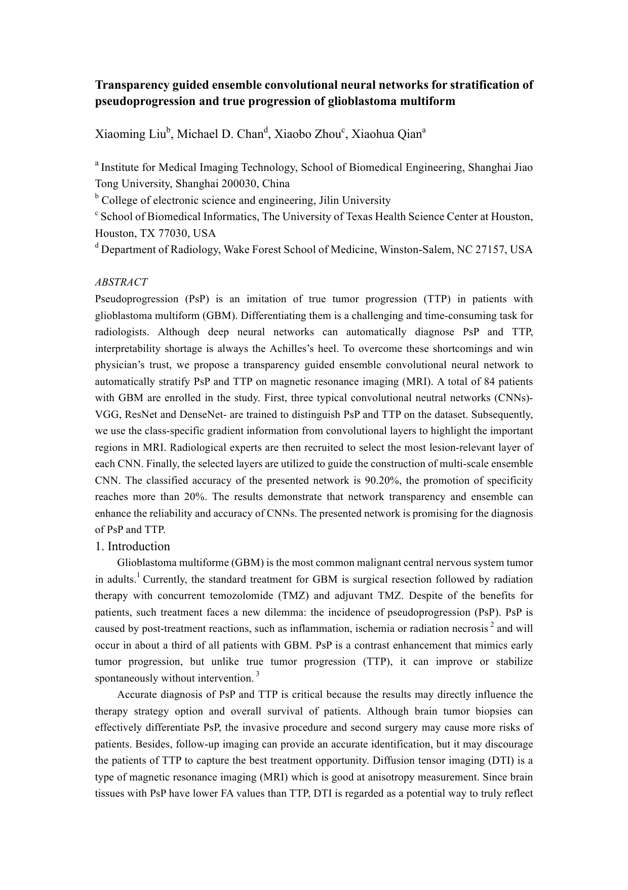 Transparency guided ensemble convolutional neural networks for stratification of pseudoprogression and true progression of glioblastoma multiform