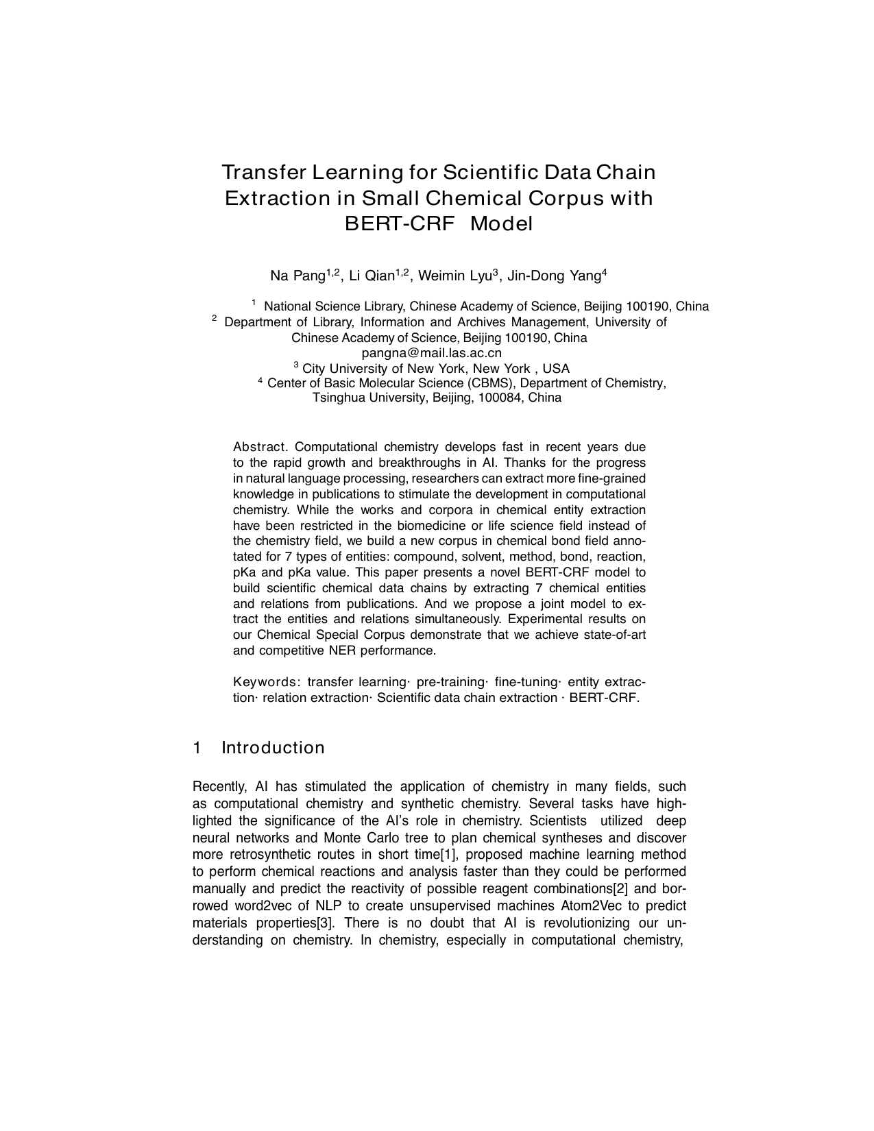 Transfer Learning for Scientific Data Chain Extraction in Small Chemical   Corpus with BERT-CRF Model