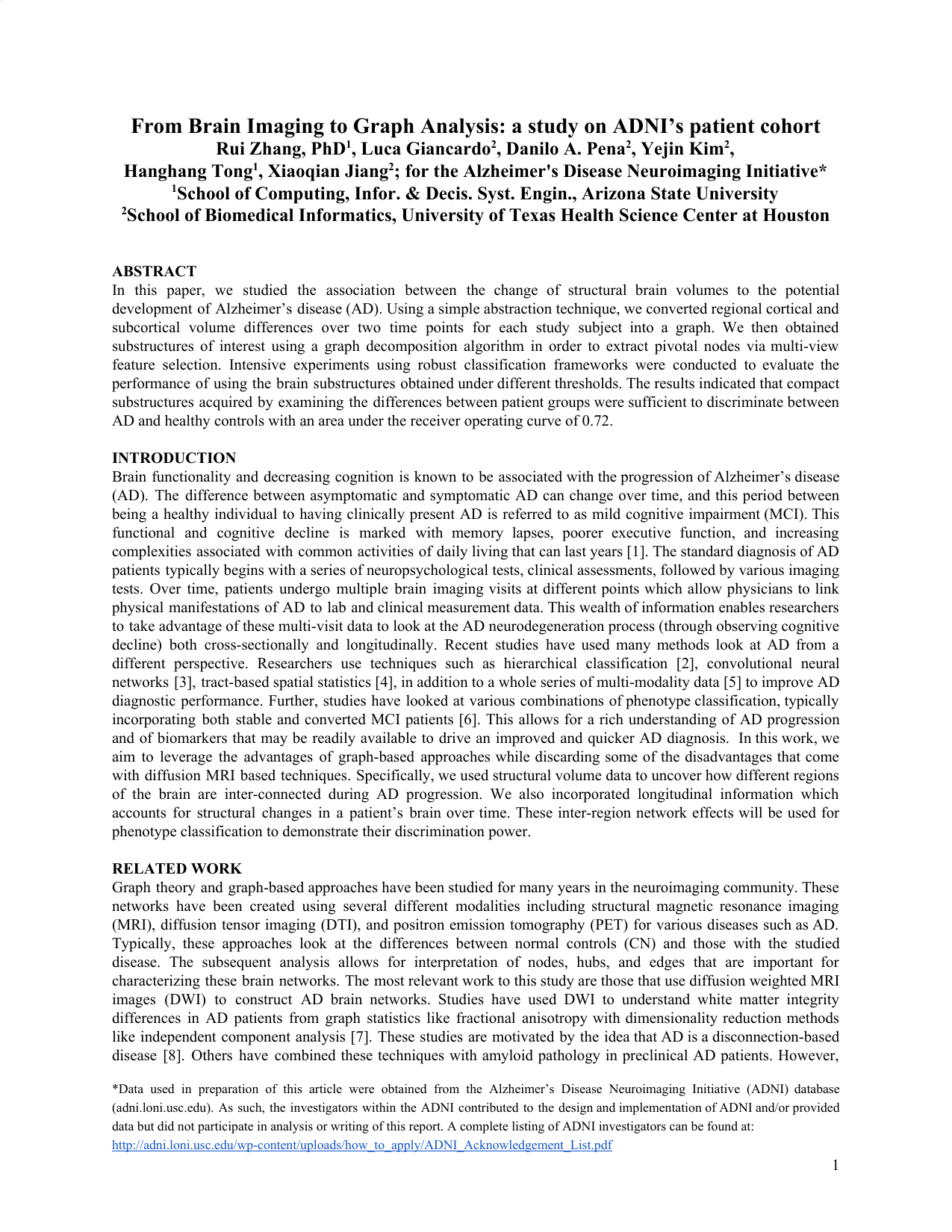 From Brain Imaging to Graph Analysis: a study on ADNIs patient cohort