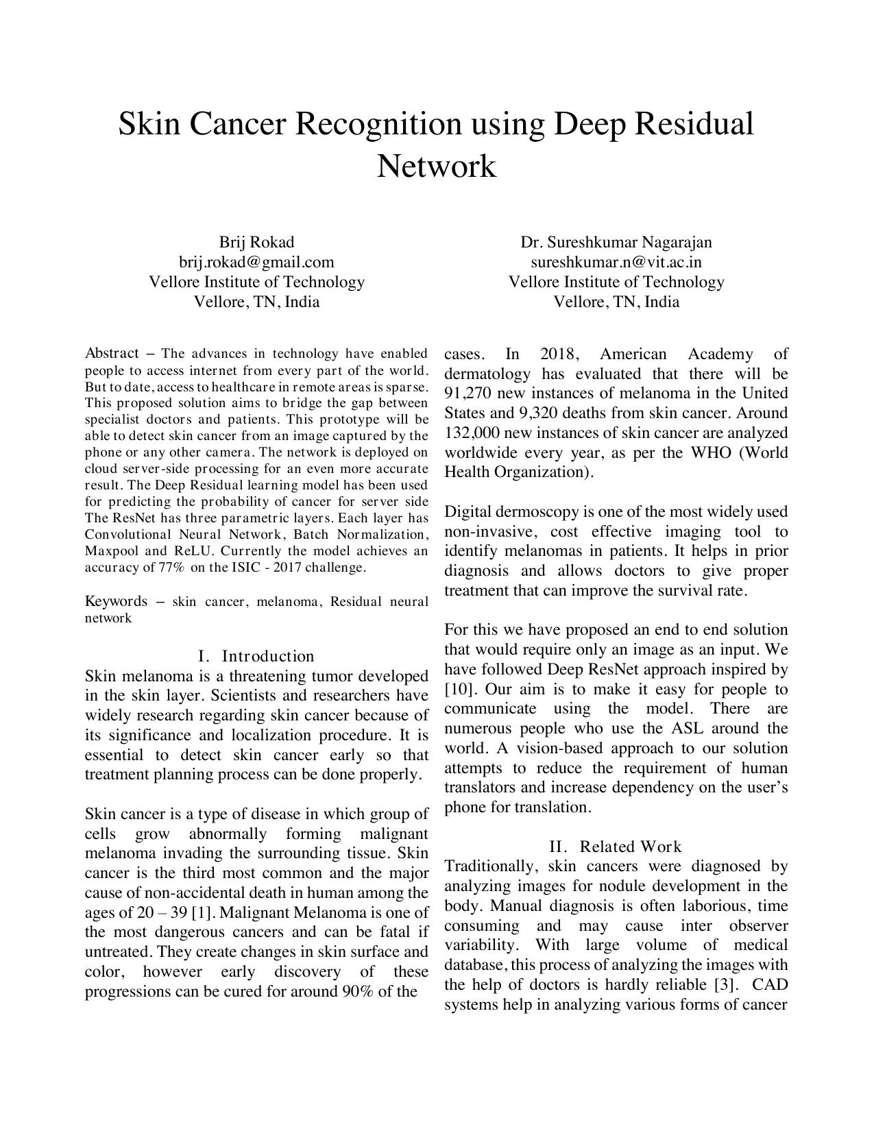 Skin Cancer Recognition using Deep Residual Network