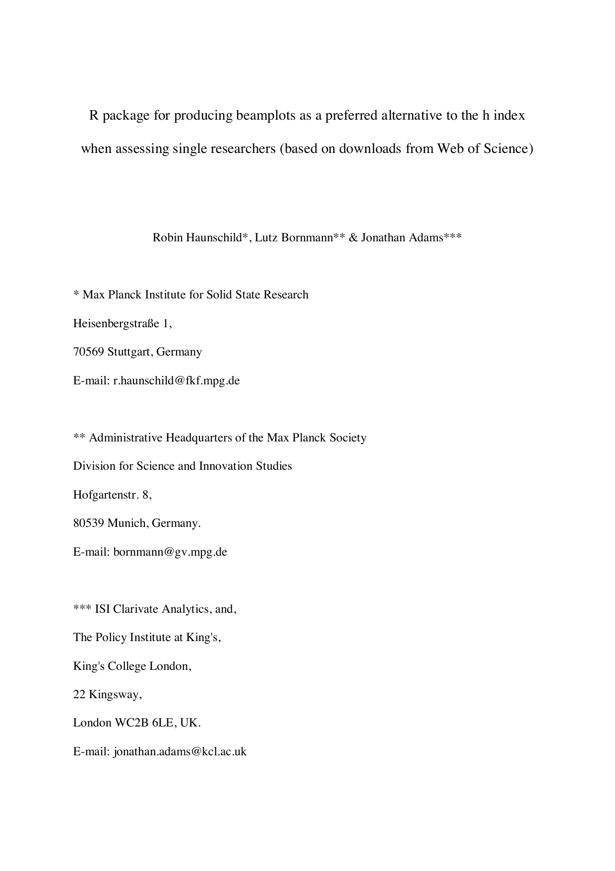 R package for producing beamplots as a preferred alternative to the h   index when assessing single researchers (based on downloads from Web of   Science)