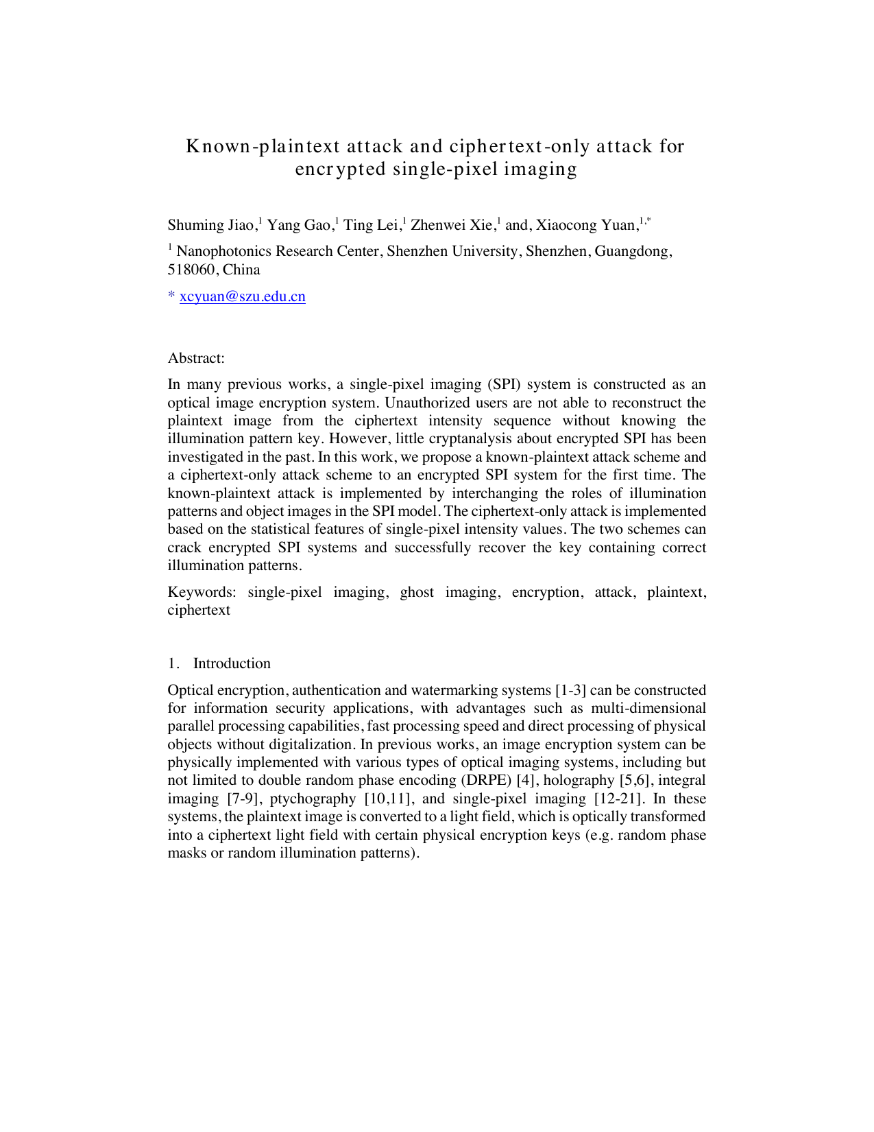 Known-plaintext attack and ciphertext-only attack for encrypted   single-pixel imaging