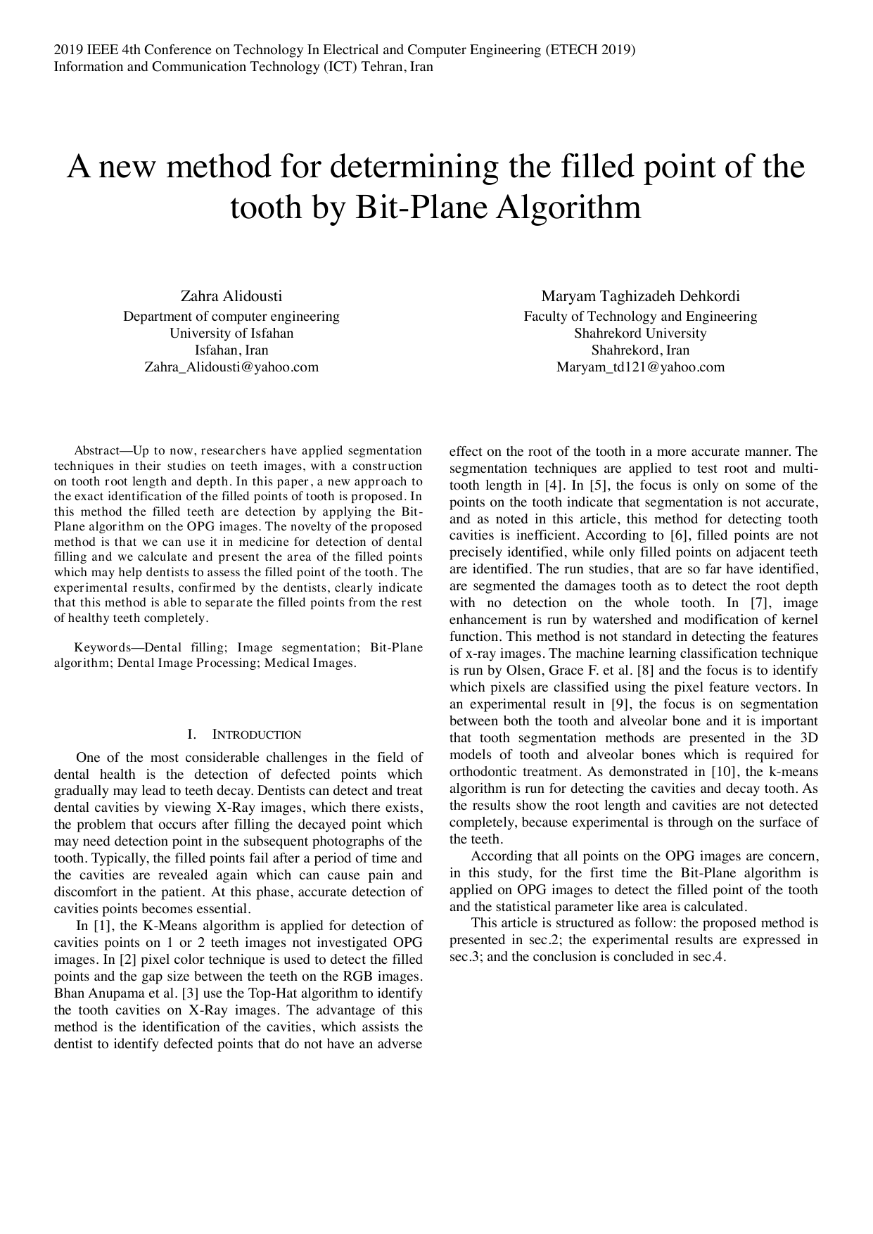 A new method for determining the filled point of the tooth by Bit-Plane   Algorithm