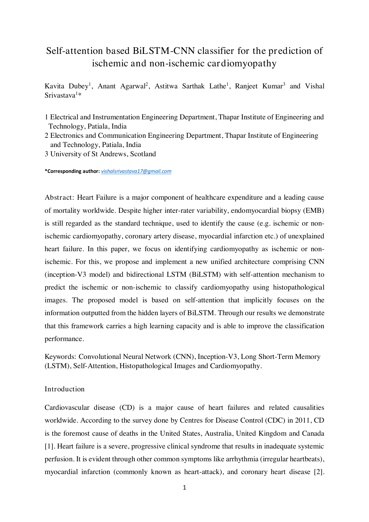 Self-attention based BiLSTM-CNN classifier for the prediction of   ischemic and non-ischemic cardiomyopathy