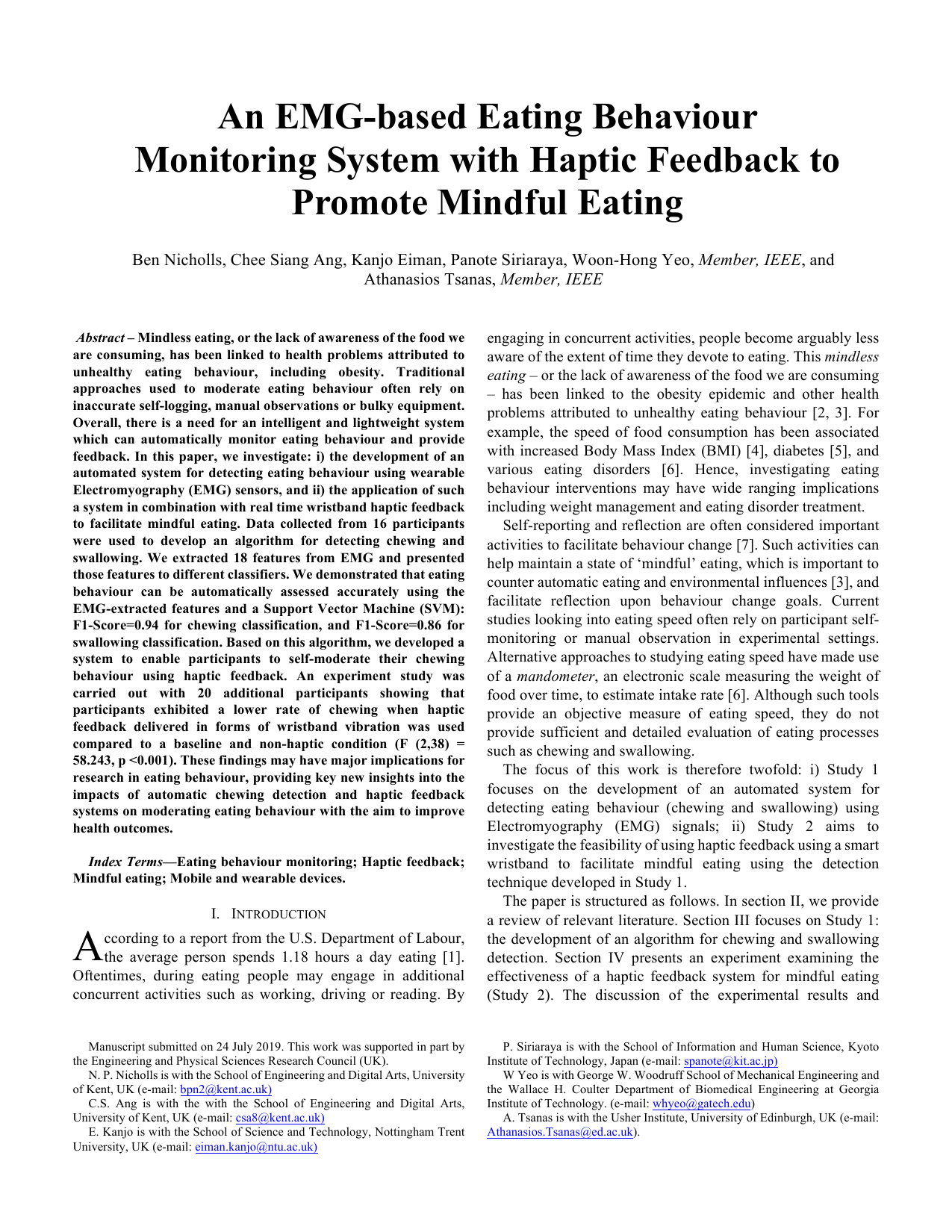 An EMG-based Eating Behaviour Monitoring System with Haptic Feedback to Promote Mindful Eating