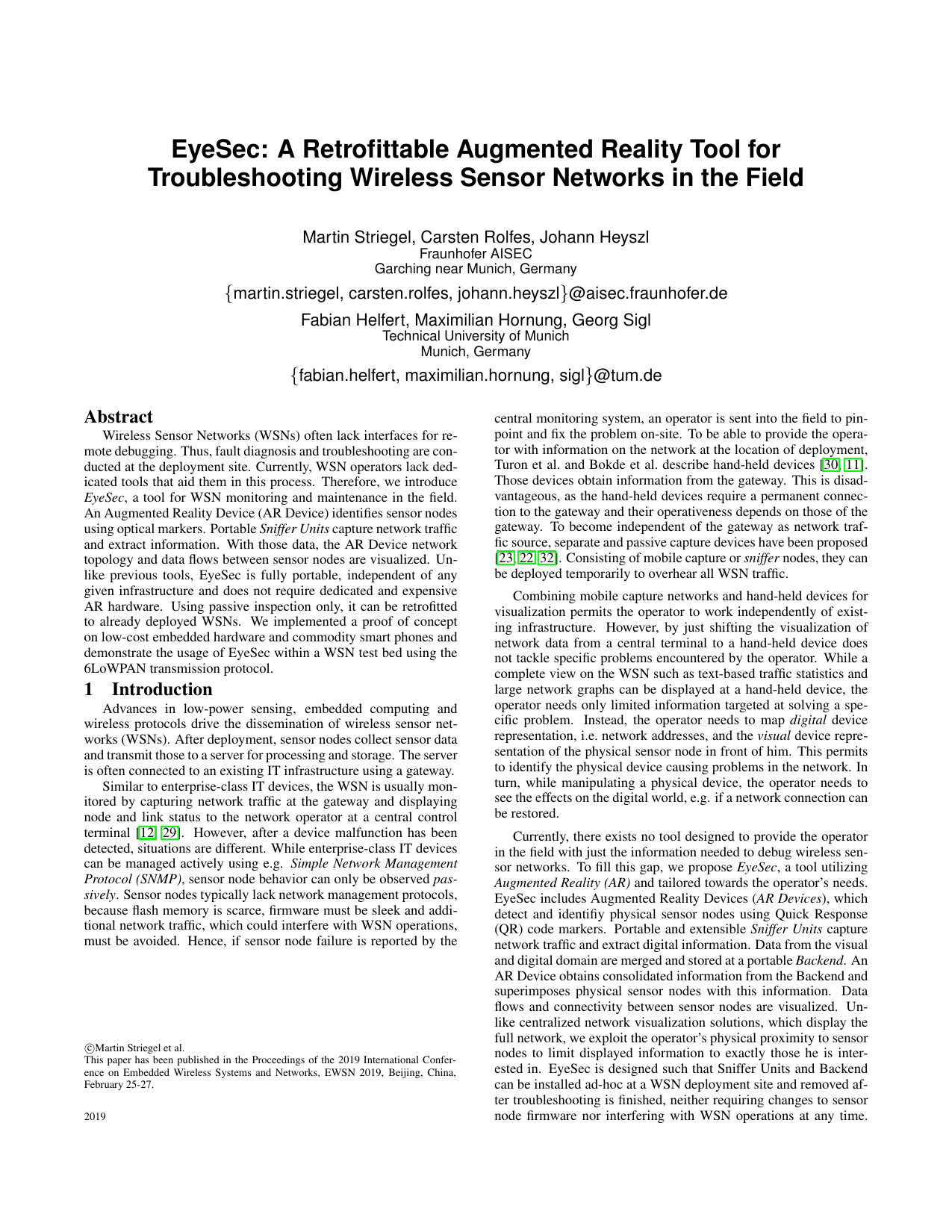 EyeSec: A Retrofittable Augmented Reality Tool for Troubleshooting   Wireless Sensor Networks in the Field