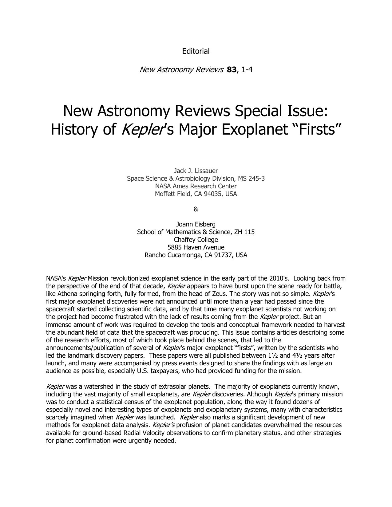 New Astronomy Reviews Special Issue: History of Keplers Major Exoplanet   'Firsts'