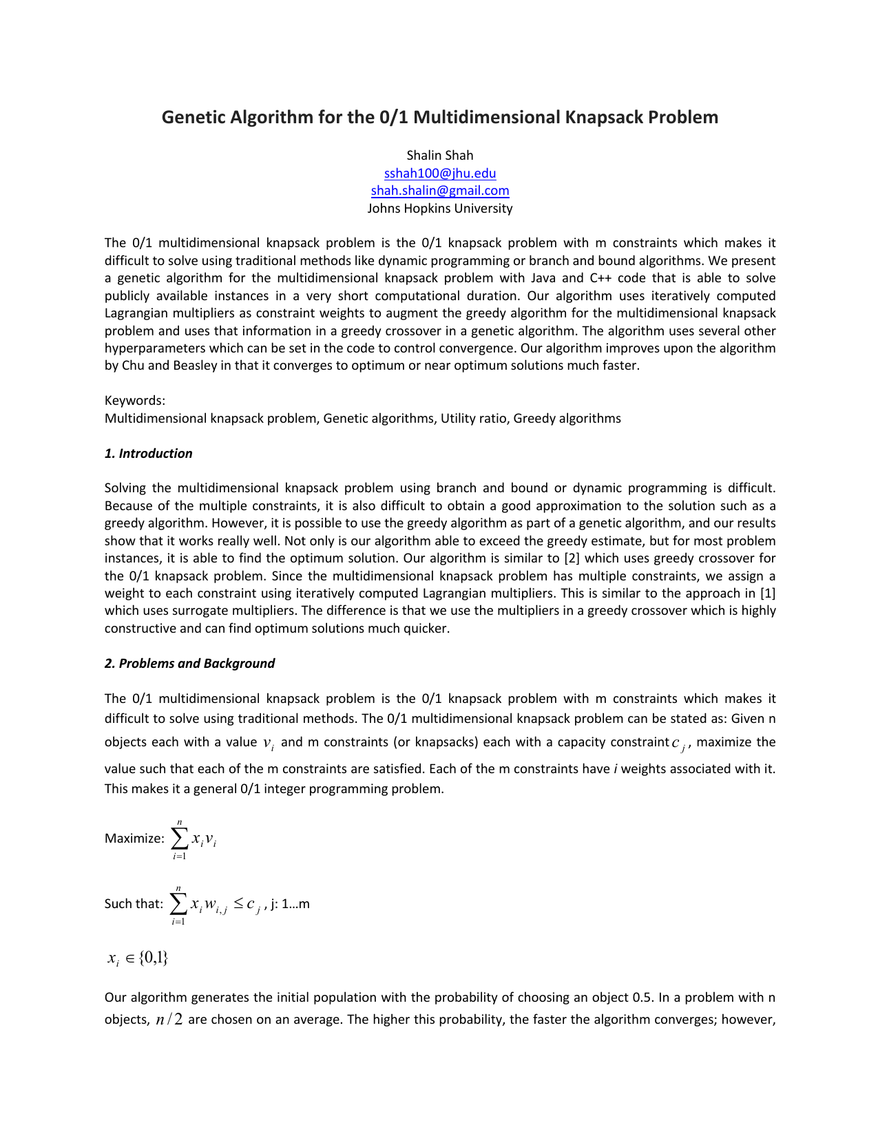Genetic Algorithm for the 0/1 Multidimensional Knapsack Problem