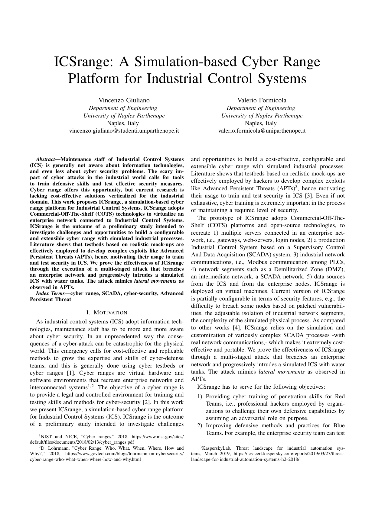ICSrange: A Simulation-based Cyber Range Platform for Industrial Control   Systems
