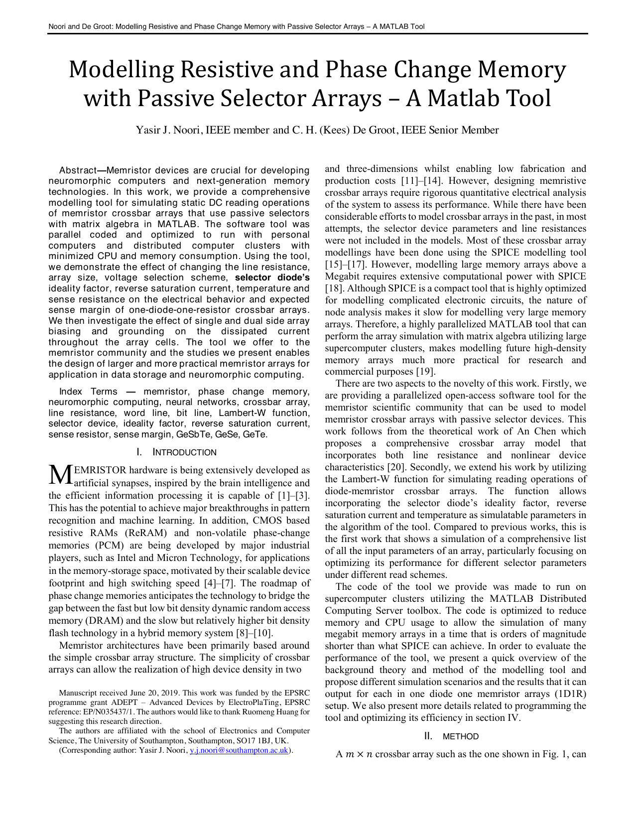 Modelling Resistive and Phase Change Memory with Passive Selector Arrays -- A Matlab Tool