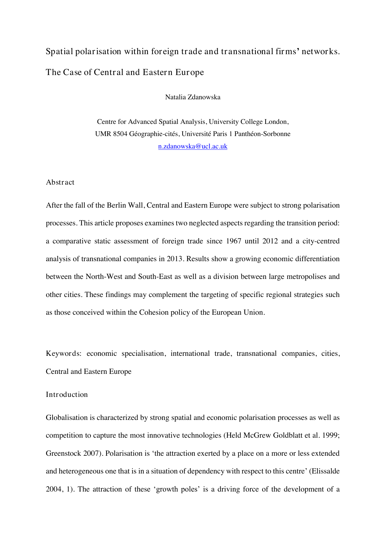 Spatial polarisation within foreign trade and transnational firms networks. The Case of Central and Eastern Europe