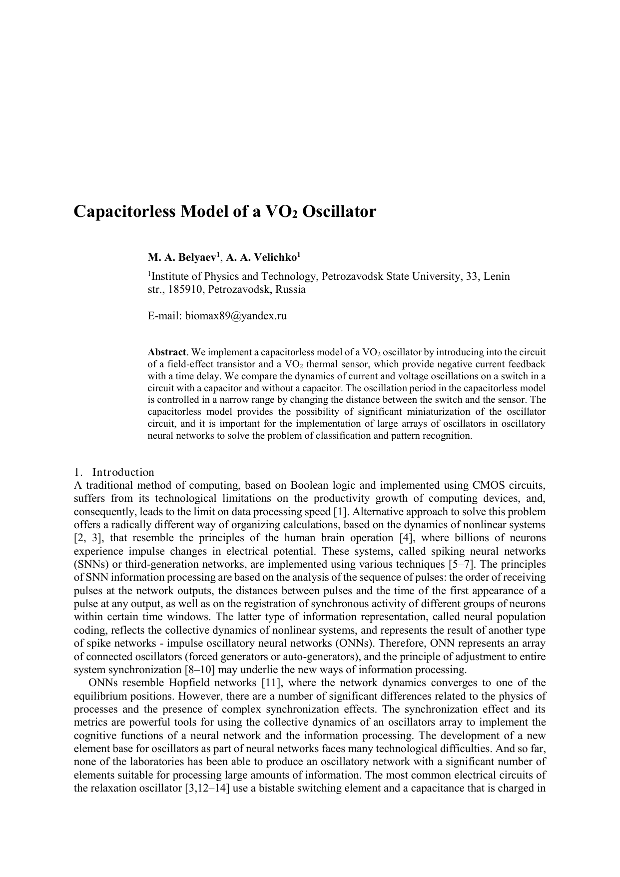 Capacitorless Model of a VO2 Oscillator