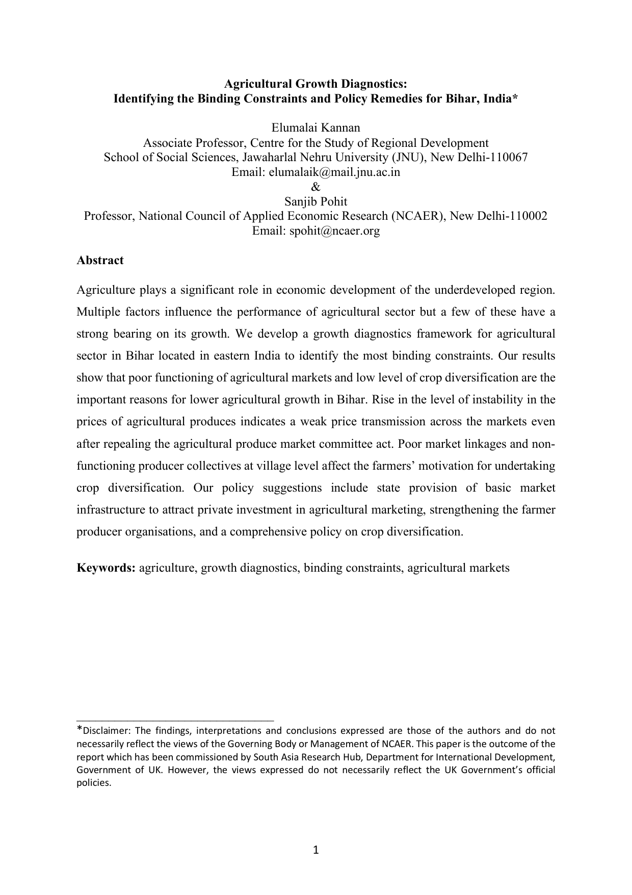 Agricultural Growth Diagnostics: Identifying the Binding Constraints and Policy Remedies for Bihar, India
