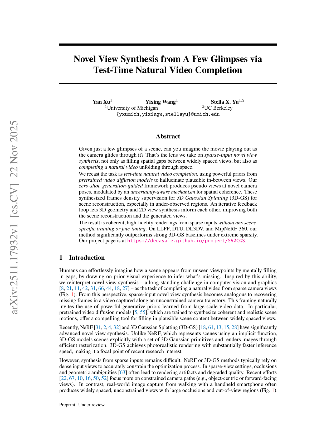 희소 입력으로부터 자연스러운 비디오를 연상하는 3D 가우시안 스플래팅