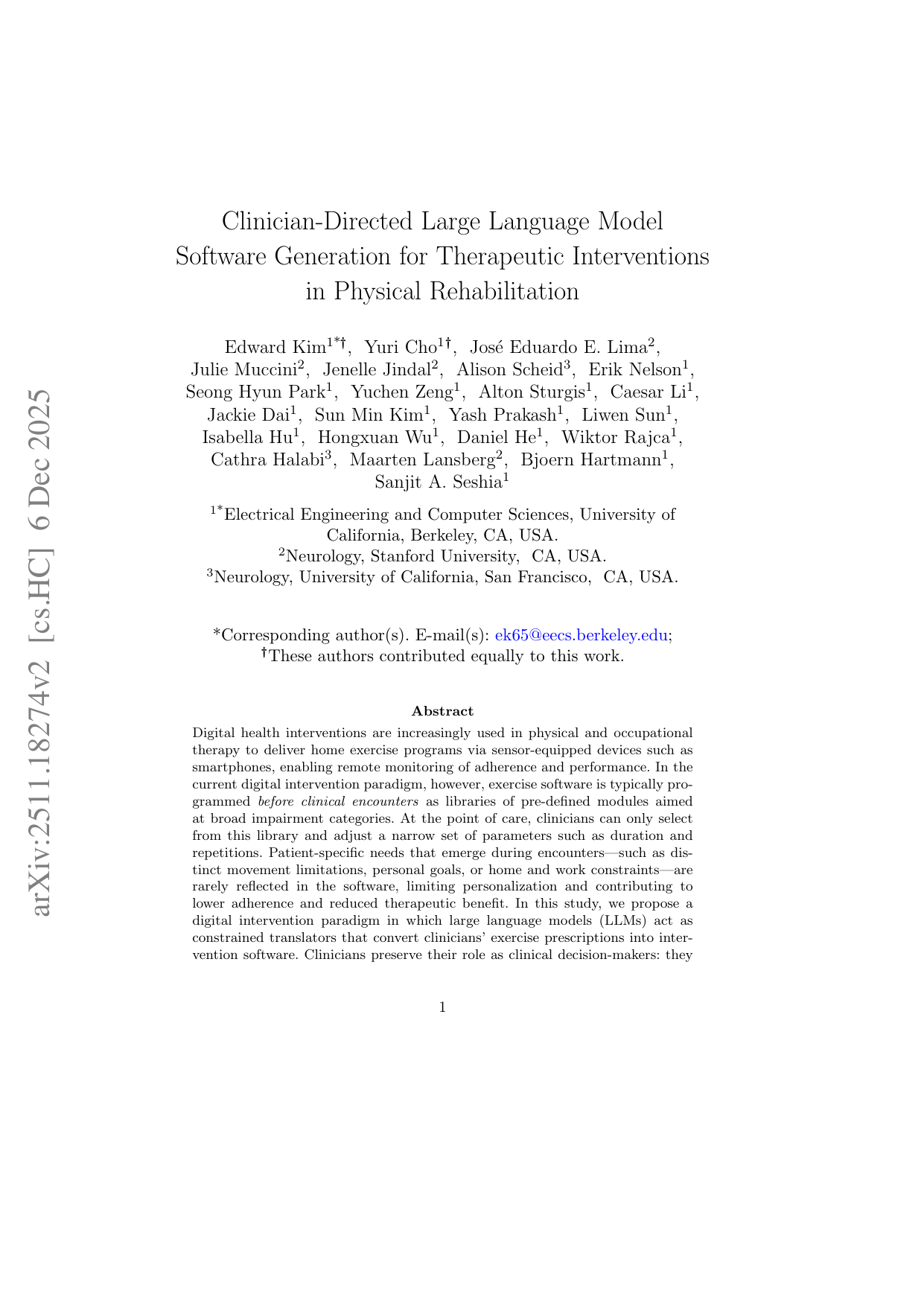 대형 언어 모델(LLM) 기반 맞춤형 디지털 물리·작업 치료 처방 시스템: 임상 현장에서의 실시간 소프트웨어 생성 및 평가