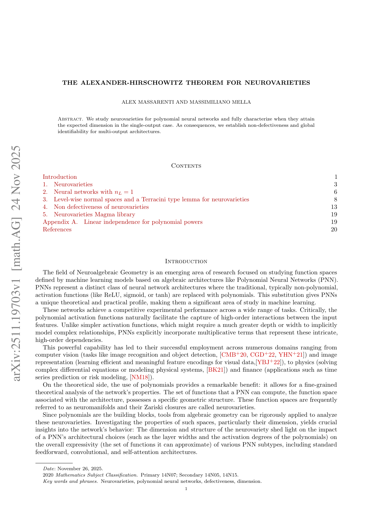 다항 신경망의 신경다양체 차원과 전역 식별성에 관한 완전 정리