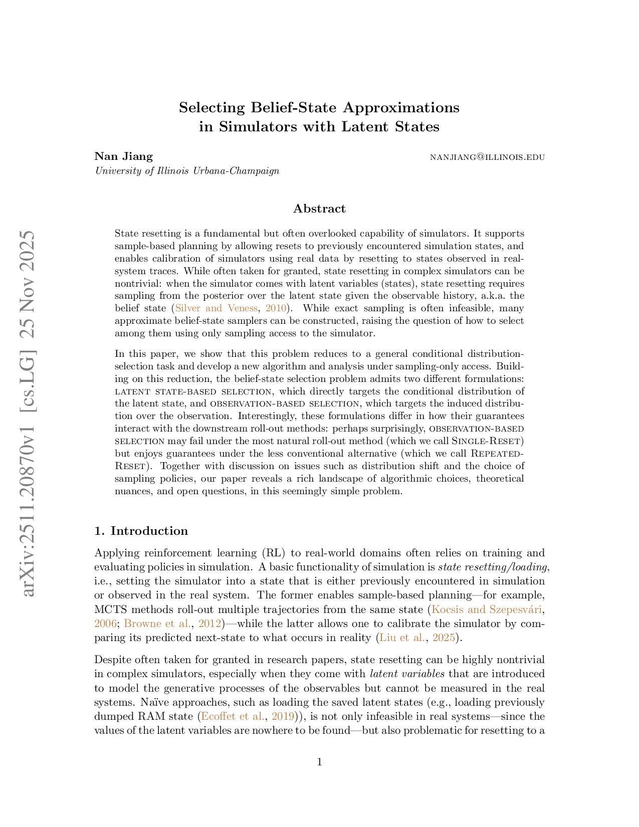 Selecting Belief-State Approximations in Simulators with Latent States