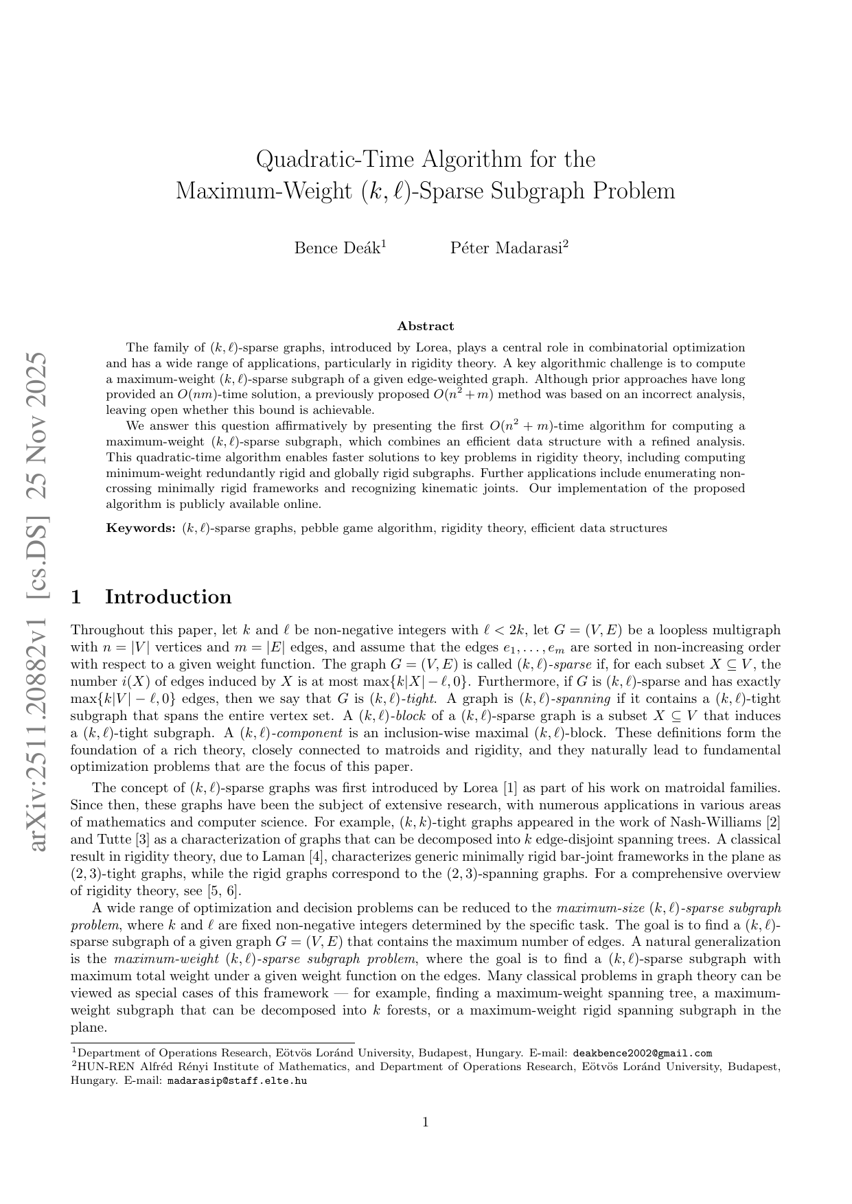 최대 가중치 k와 l 희소 서브그래프를 찾는 2차 시간 알고리즘