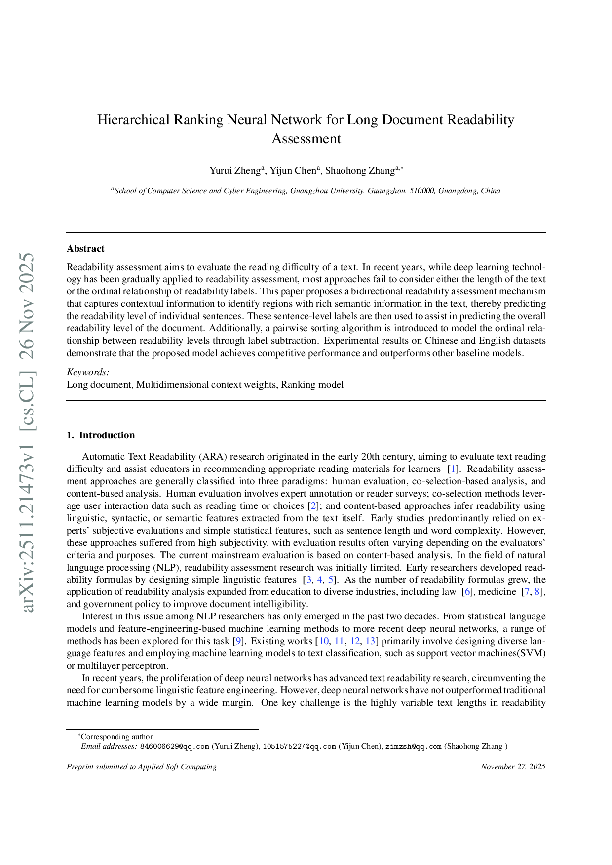 Hierarchical Ranking Neural Network for Long Document Readability Assessment