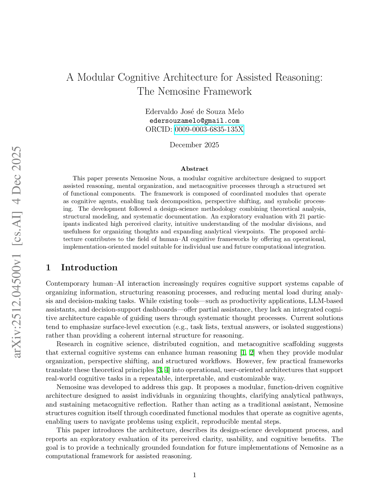 A Modular Cognitive Architecture for Assisted Reasoning: The Nemosine Framework