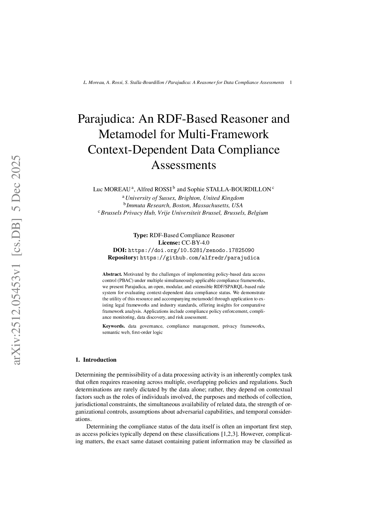 Parajudica: An RDF-Based Reasoner and Metamodel for Multi-Framework Context-Dependent Data Compliance Assessments