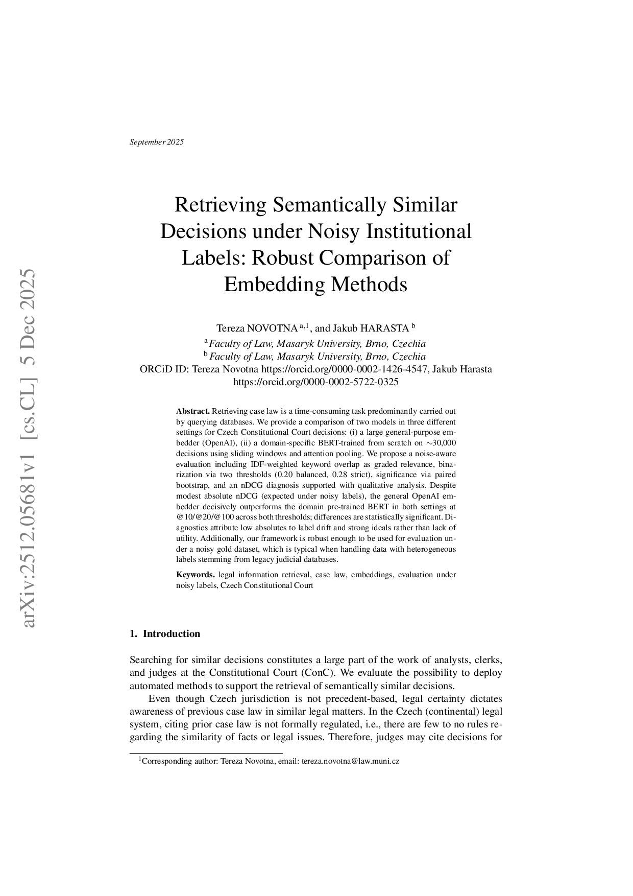 Retrieving Semantically Similar Decisions under Noisy Institutional Labels: Robust Comparison of Embedding Methods