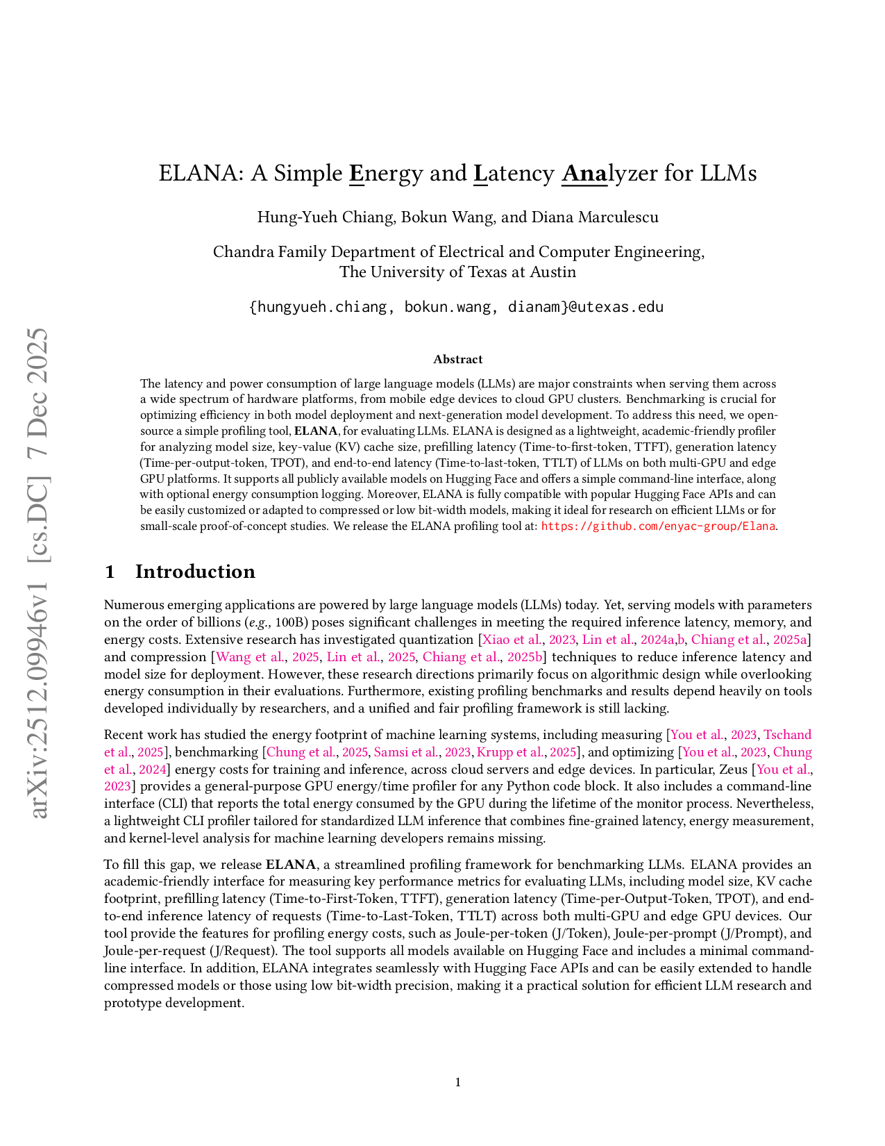 ELANA: A Simple Energy and Latency Analyzer for LLMs