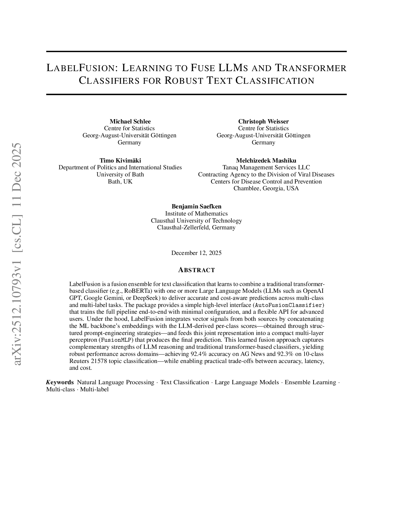 LabelFusion: Learning to Fuse LLMs and Transformer Classifiers for Robust Text Classification