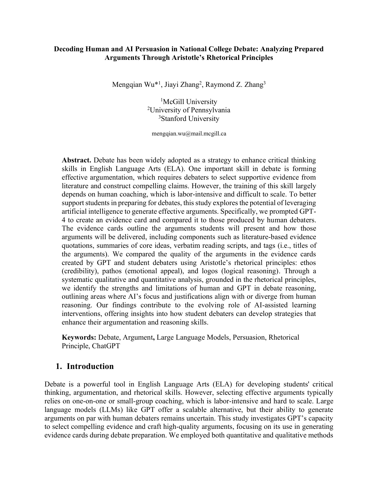 Decoding Human and AI Persuasion in National College Debate: Analyzing Prepared Arguments Through Aristotle's Rhetorical Principles