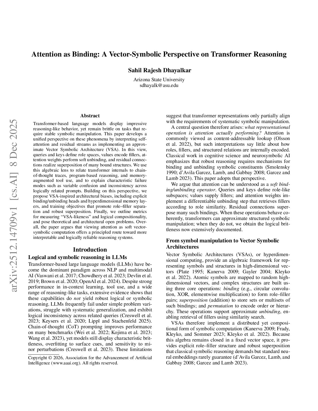Attention as Binding: A Vector-Symbolic Perspective on Transformer Reasoning
