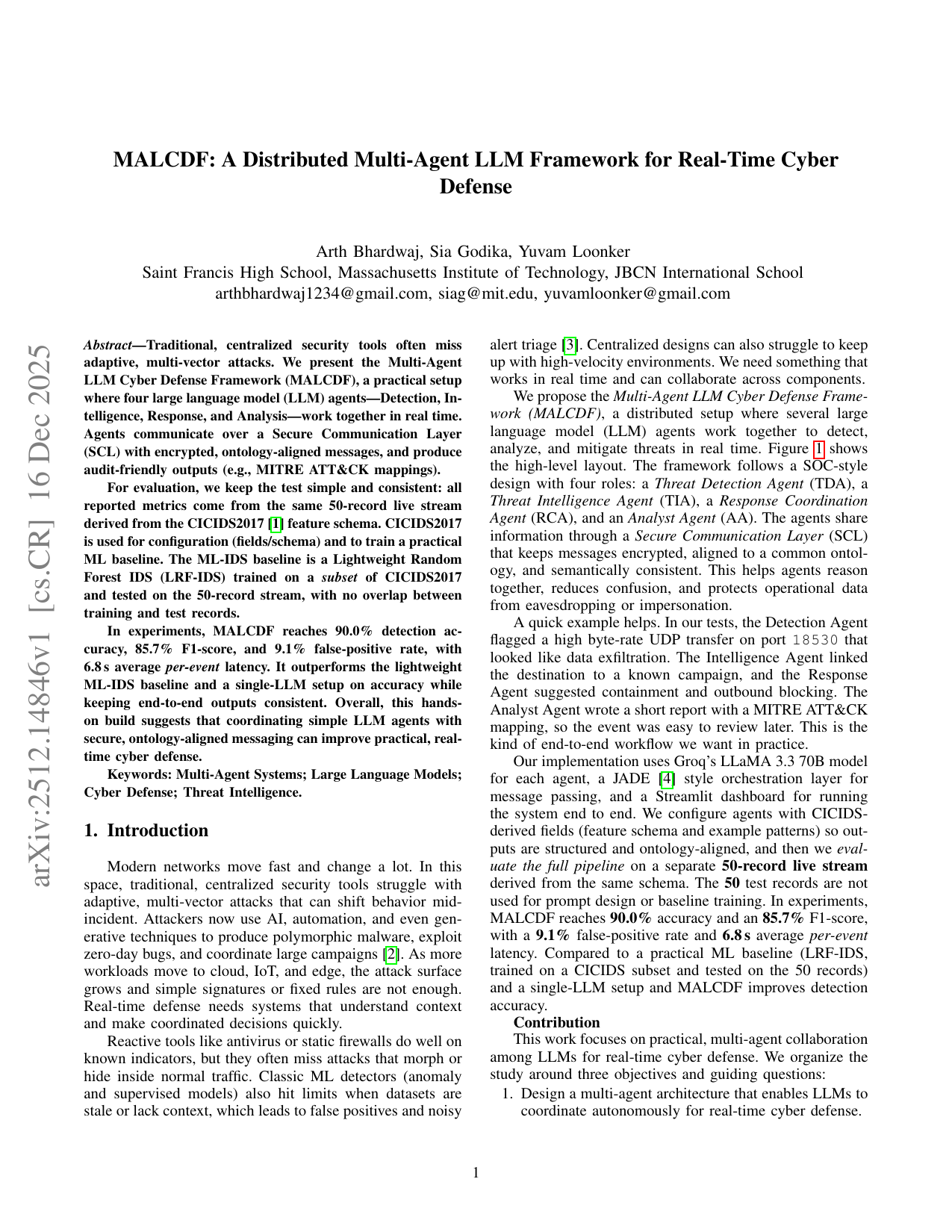 MALCDF: A Distributed Multi-Agent LLM Framework for Real-Time Cyber