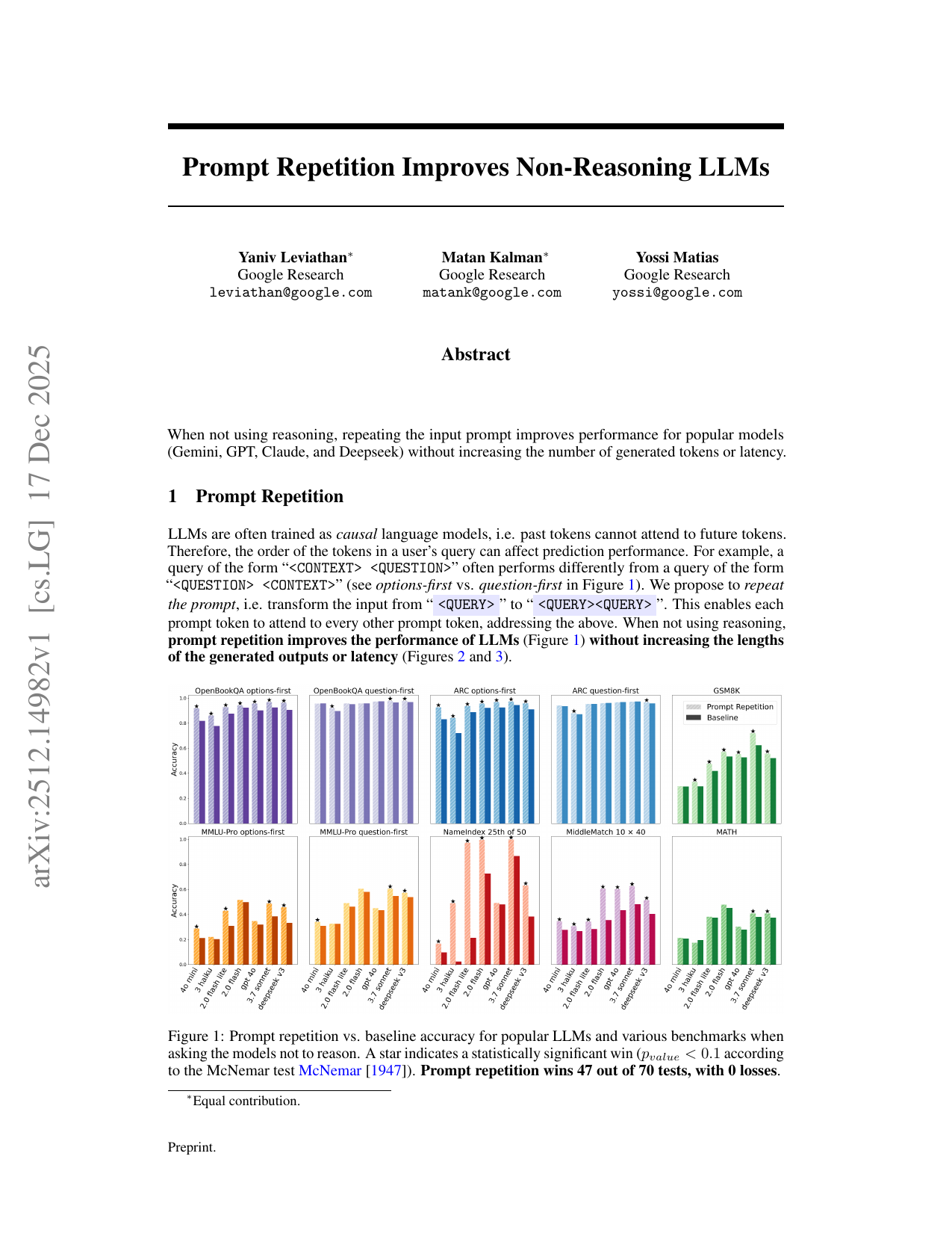 Prompt Repetition Improves Non-Reasoning LLMs