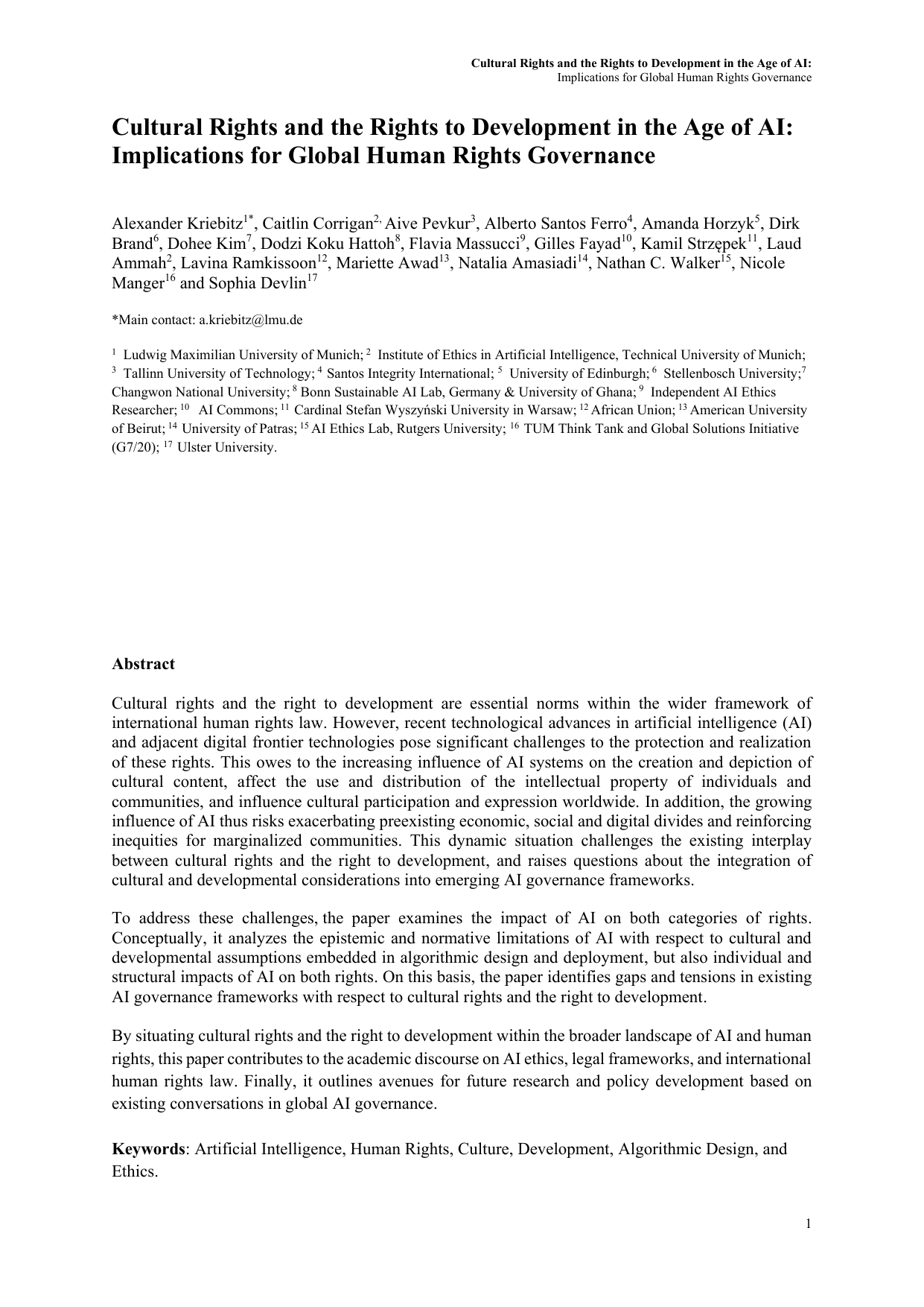 Cultural Rights and the Rights to Development in the Age of AI: Implications for Global Human Rights Governance