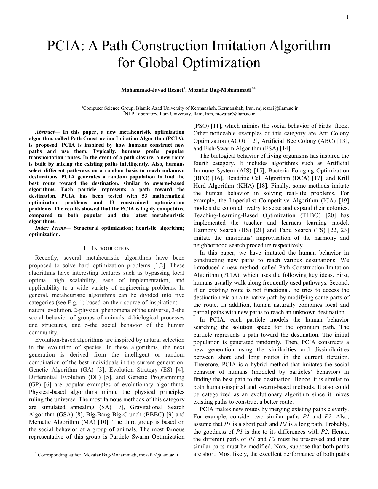 PCIA: A Path Construction Imitation Algorithm for Global Optimization