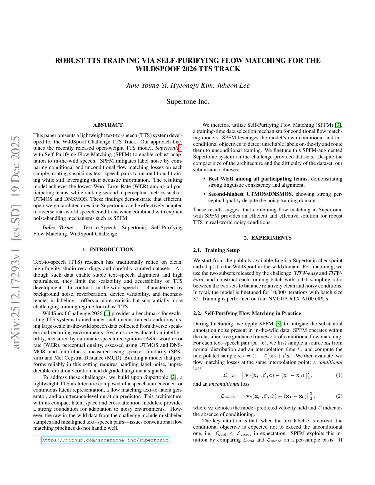 Robust TTS Training via Self-Purifying Flow Matching for the WildSpoof 2026 TTS Track