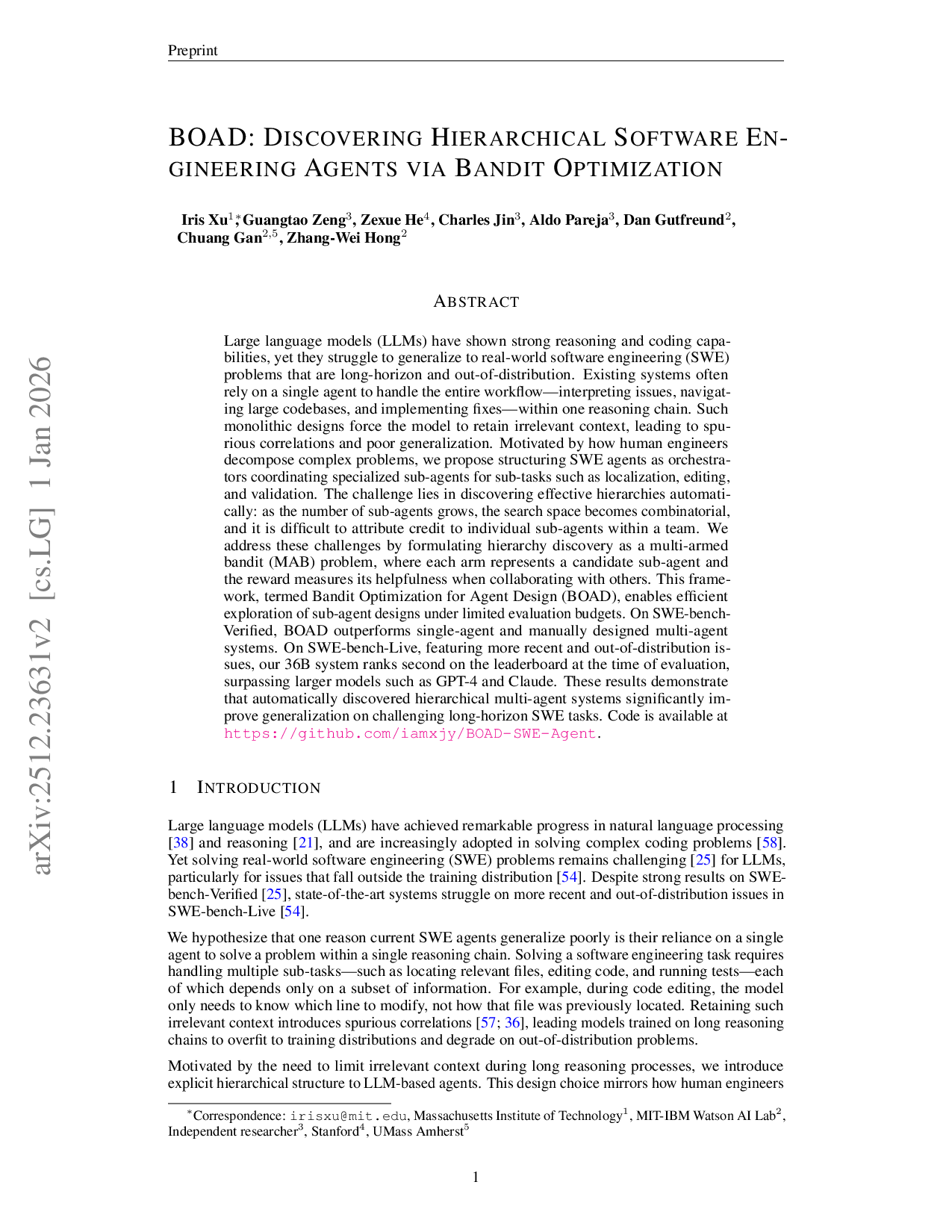 BOAD: Discovering Hierarchical Software Engineering Agents via Bandit Optimization